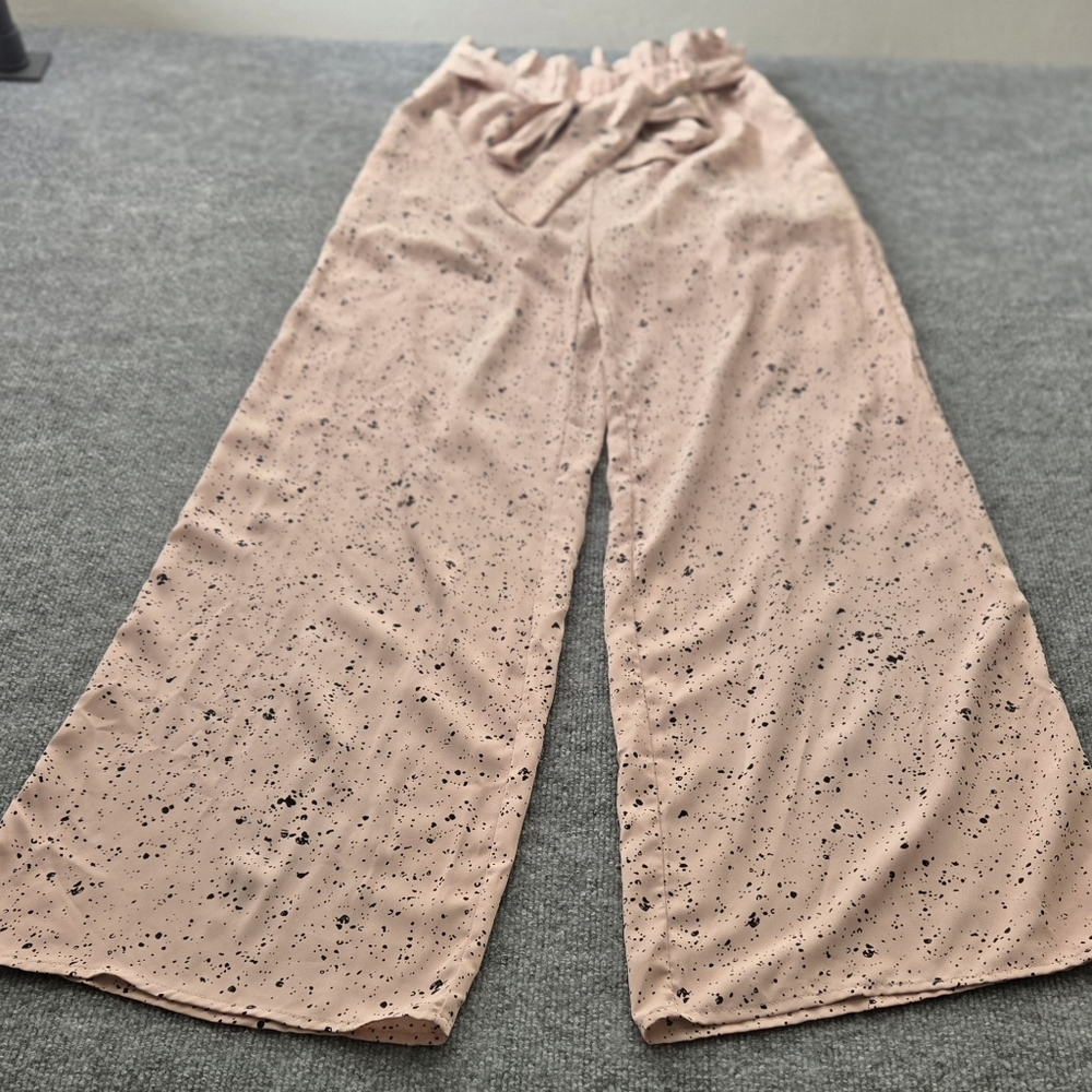 ENTRO Soft Pink Black Splatter Print‎ Wide Leg Paper Bag Belted Palazzo Pants